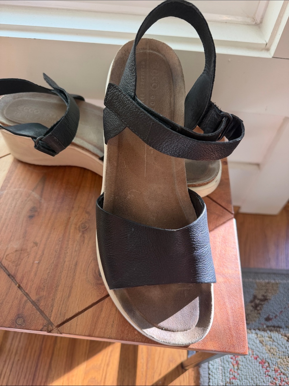 Ecco Corksphere Black Leather Platform Sandals, 41